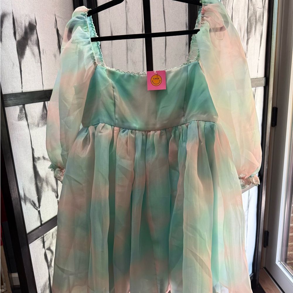 Dressed in LaLa Pastel Green and Pink Puff Sleeve Babydoll Dress